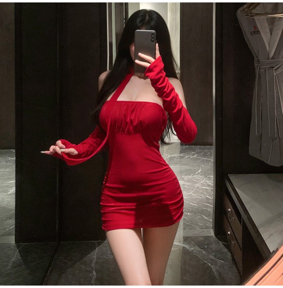 FEE ET MOI - Off-Shoulder Velvet Bustier Bodycon Dress (Red)